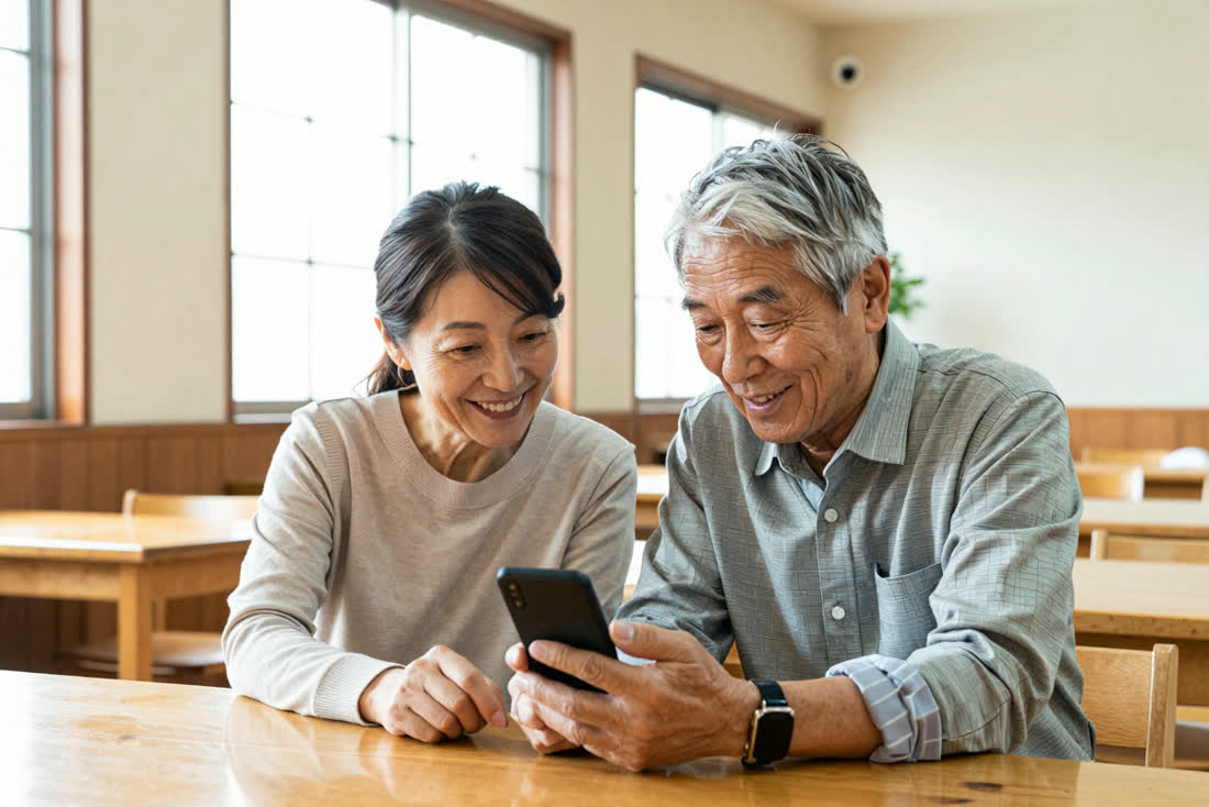 明るい集会室で、ふたりが一台のスマートフォンを一緒にのぞきこんで笑っている様子